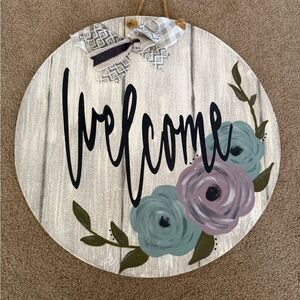 Welcome Round Door Hanger with Teal and Mauve Floral Accents